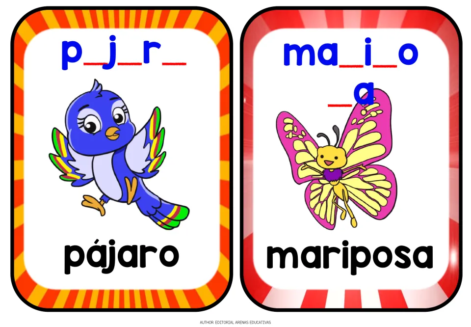 Flashcards for pájaro (bird) and mariposa (butterfly): students complete p_j_r_ and ma_i_o_a by adding missing letters