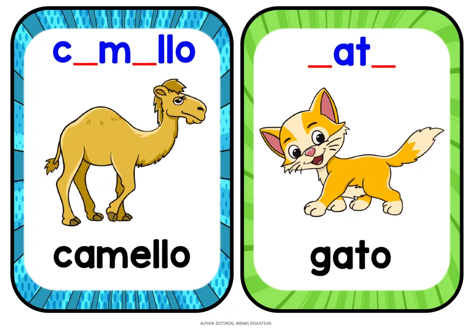 Camello (camel) and gato (cat) cards: students fill blanks in c_m_llo and _at_ to complete each Spanish animal word