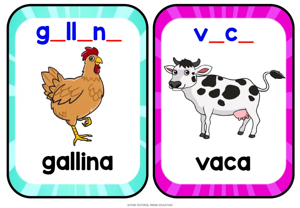 Farm animal cards for gallina (hen) and vaca (cow): students supply the missing vowels in g_ll_n_ and v_c_ to spell them