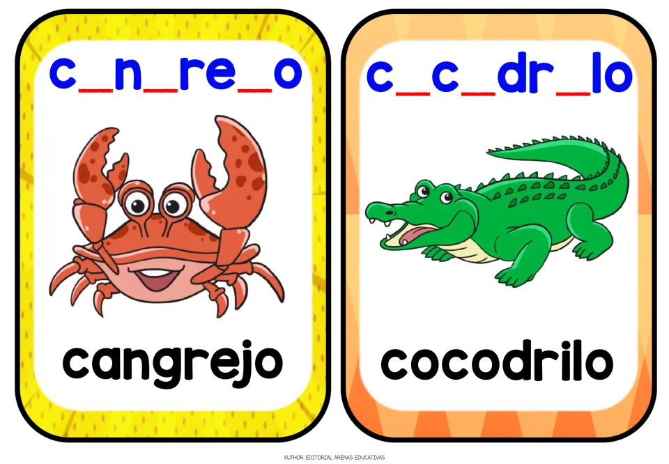 Cangrejo (crab) and cocodrilo (crocodile) cards: students write missing letters in c_n_re_o and c_c_dr_lo to spell them