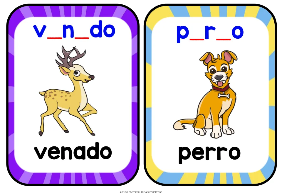 Venado (deer) and perro (dog) flashcards: students fill the blanks in v_n_do and p_r_o to spell each animal in Spanish