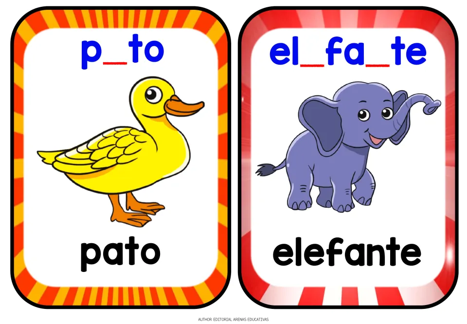 Pato (duck) and elefante (elephant) cards: students add the missing letters to p_to and el_fa_te to complete both words