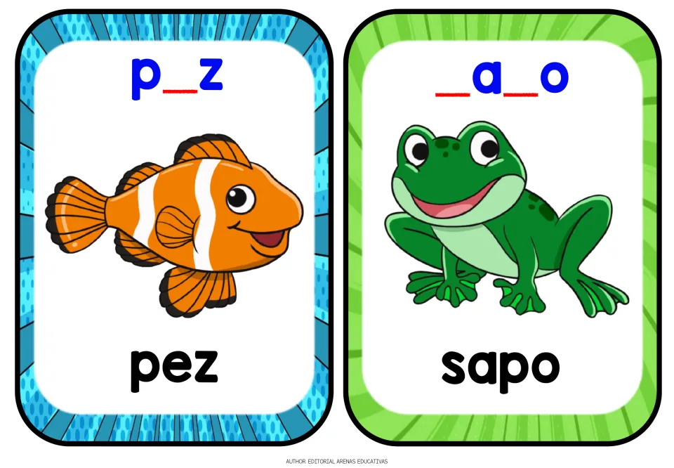 Pez (fish) and sapo (toad) flashcards: students complete p_z and _a_o by writing the missing letters of each animal name