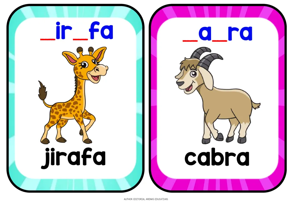 Jirafa (giraffe) and cabra (goat) cards: students fill blanks in _ir_fa and _a_ra to spell both Spanish names