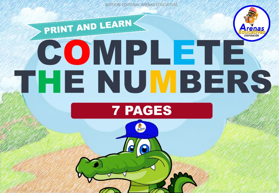 Cover of the number sequence resource titled 'Complete the Numbers,' labeled 'Print and Learn' and '7 Pages'