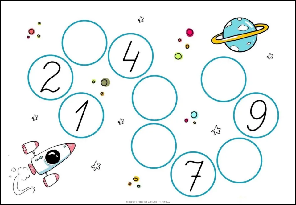 Number sequence practice for 1–10: 1, 2, 4, 7, and 9 are given; students fill in the five missing numbers