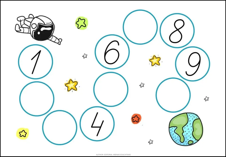 Number sequence practice for 1–10: 1, 4, 6, 8, and 9 are given; students complete the five empty positions