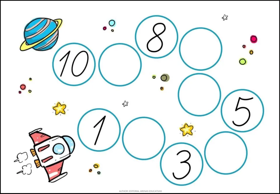 Number sequence practice for 1–10: 1, 3, 5, 8, and 10 are given; students write the five missing numbers