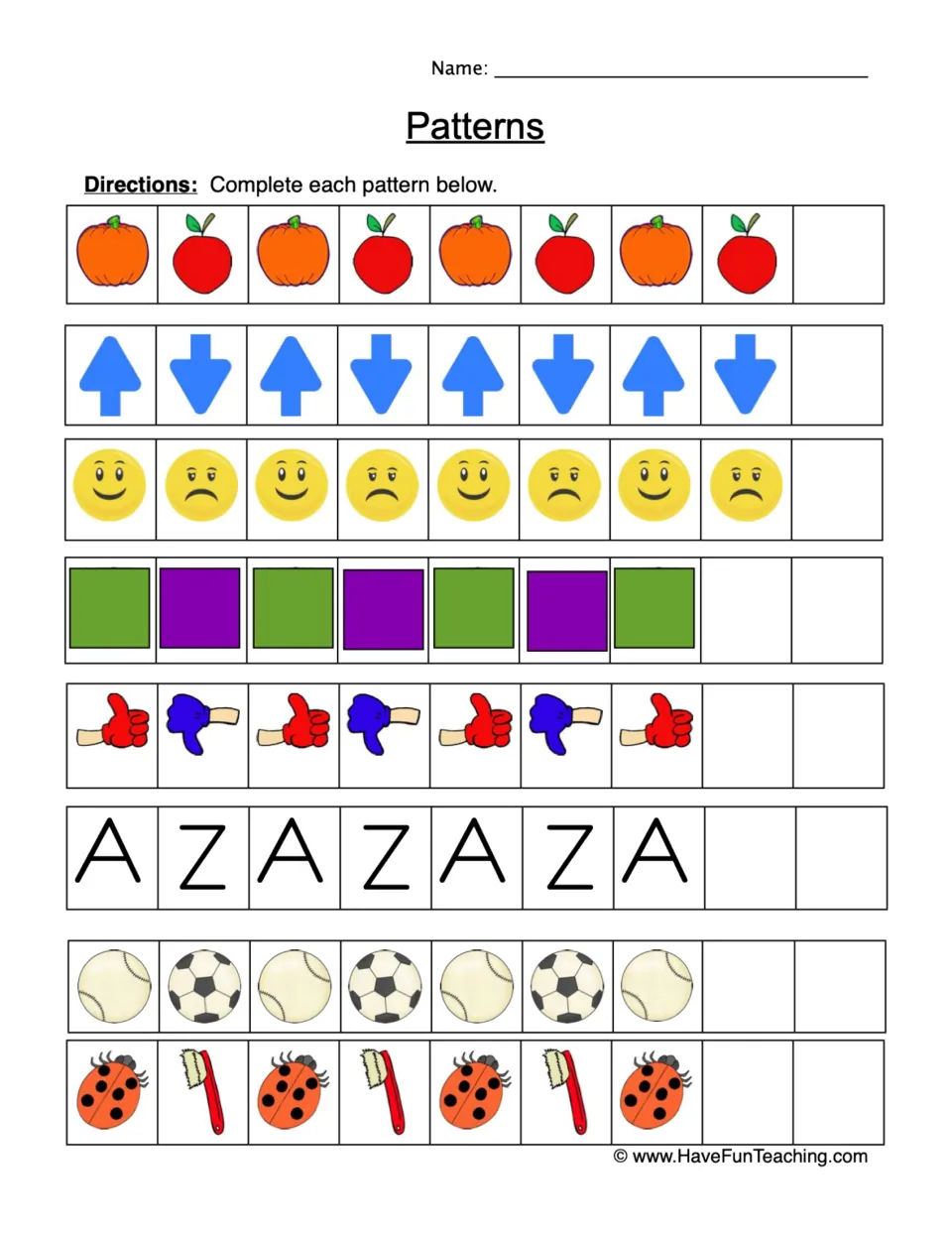 AB patterns: students extend 8 rows like pumpkin-apple, up-down arrows, happy-sad faces, letters A and Z and ladybugs