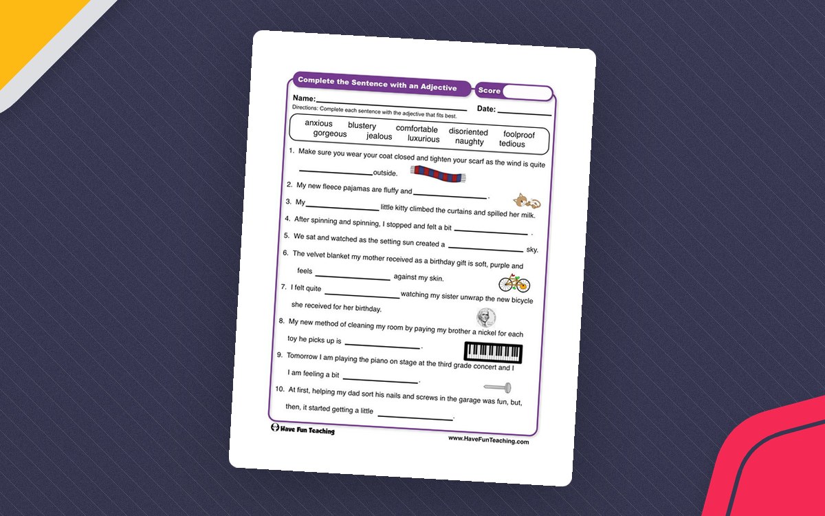 Complete the Sentence with an Adjective Worksheet preview: Ten-adjective vocabulary bank