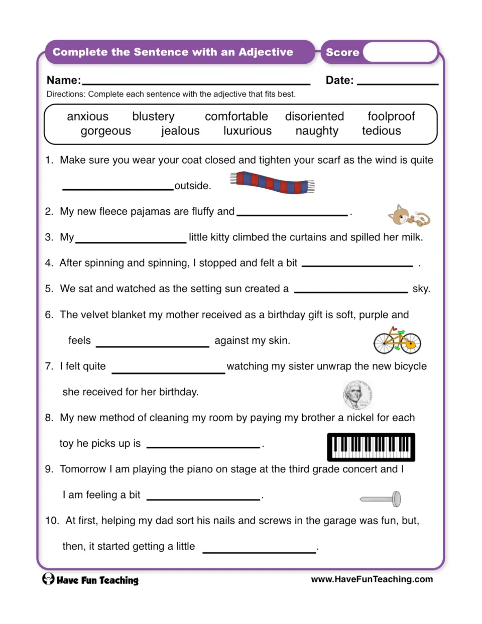 Adjectives in context: students pick from a 10-word bank (blustery, jealous, tedious) to fill the blank in 10 sentences