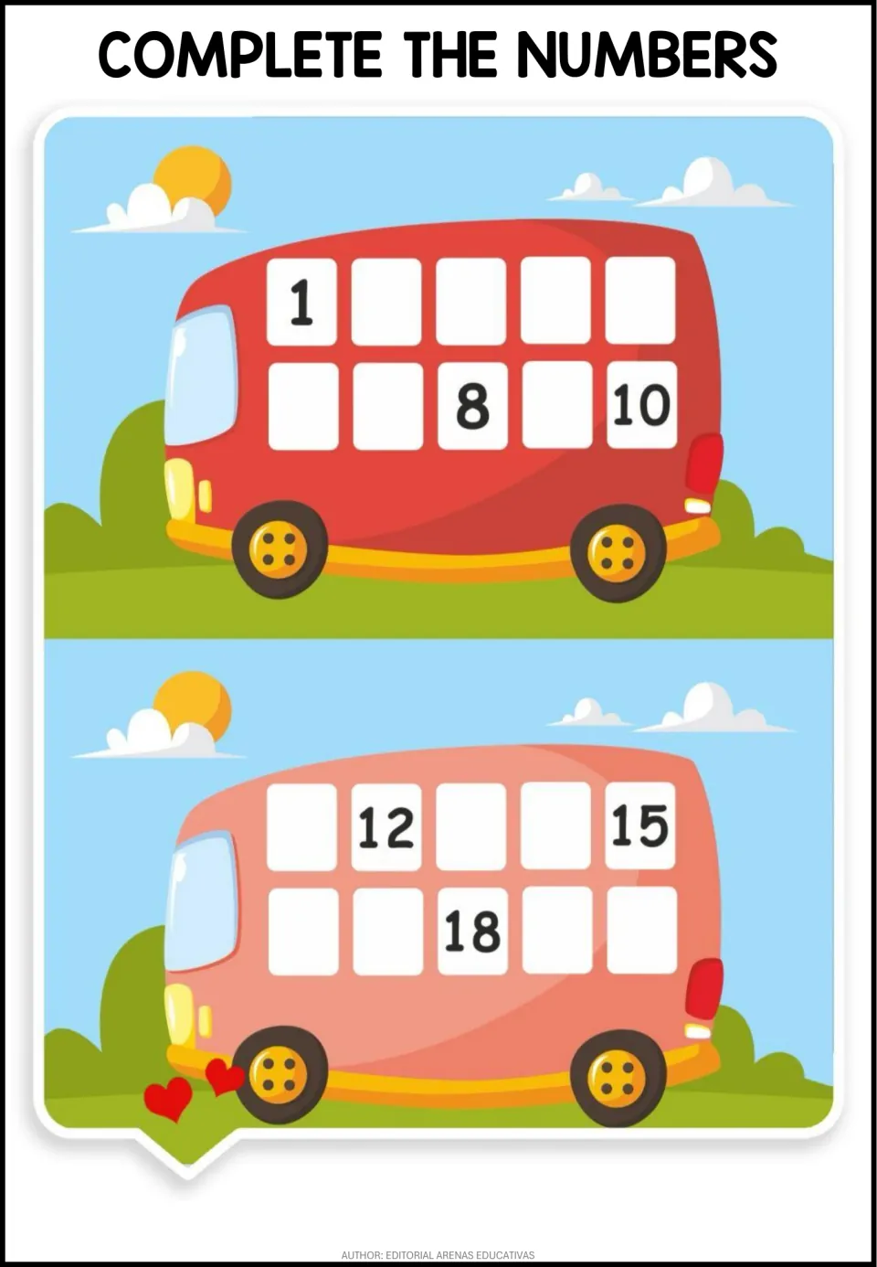 Number sequencing 1 to 20: students write the missing numbers in the windows of two buses, with 1, 8, 10, 12, 15, 18 given