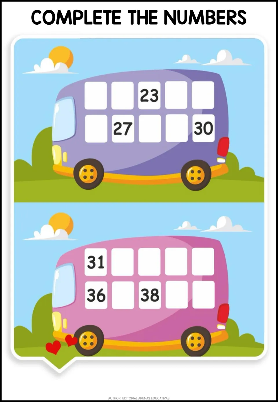 Number sequencing 21 to 40: students fill in missing numbers on purple and pink buses, given 23, 27, 30, 31, 36 and 38