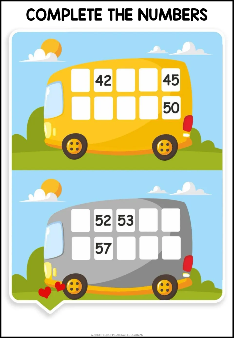 Number sequencing 41 to 60: students complete each bus in order from clues 42, 45, 50 and 52, 53, 57