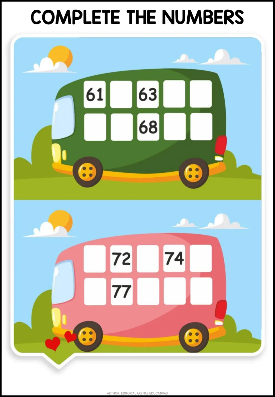 Number sequencing 61 to 80: students write the missing numbers on green and pink buses, given 61, 63, 68, 72, 74 and 77