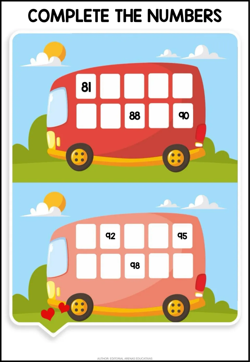 Number sequencing 81 to 100: students fill each bus window in order from given numbers 81, 88, 90, 92, 95 and 98