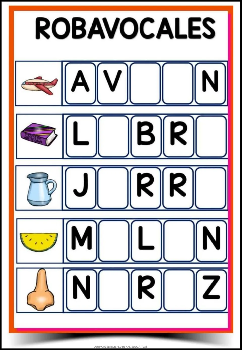 Spanish word-completion sheet 1: picture clues for avión (airplane), libro (book), jarra, melón and nariz.