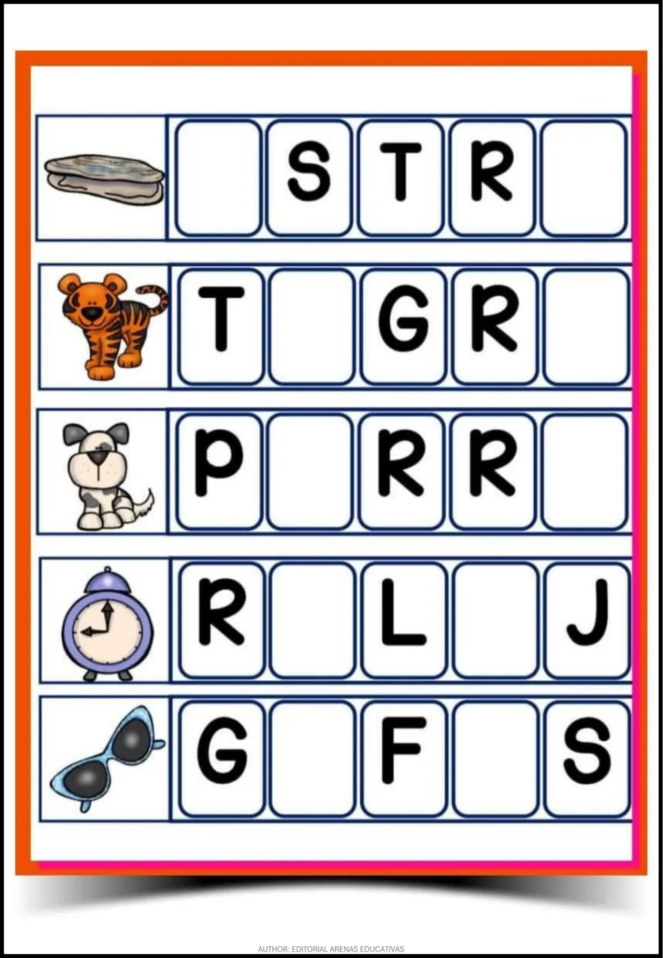 Spanish word-completion sheet 2: picture clues for ostra (oyster), tigre (tiger), perro, reloj and gafas.