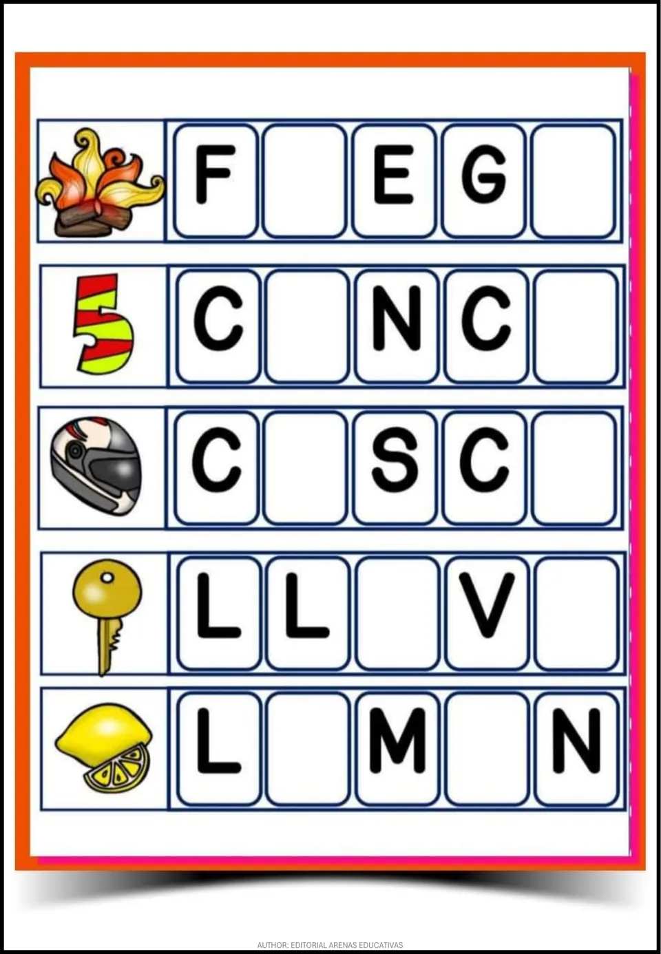 Spanish word-completion sheet 3: picture clues for fuego (fire), cinco (five), casco, llave and limón.