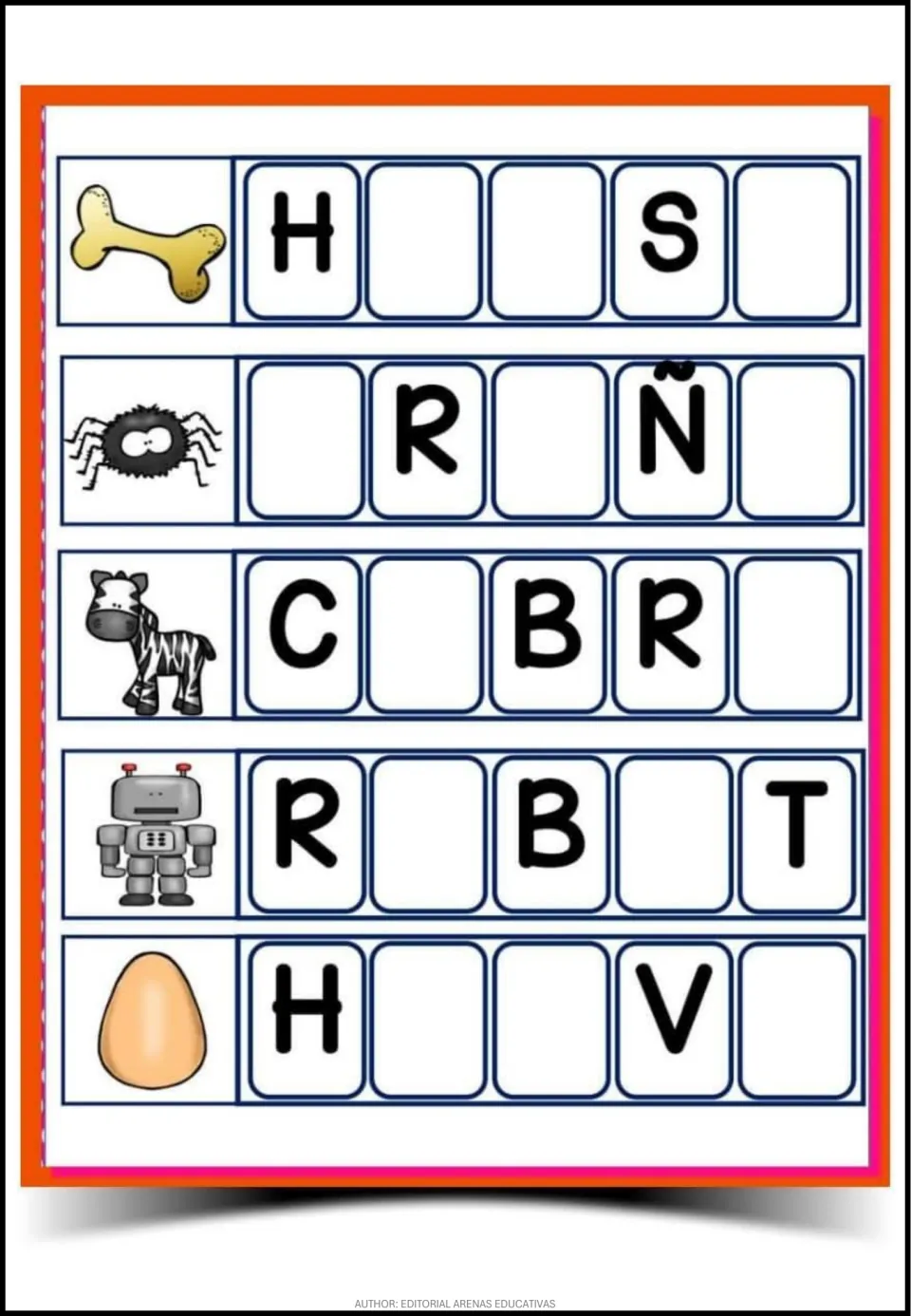Spanish word-completion sheet 4: picture clues for hueso (bone), araña (spider), cebra, robot and huevo.