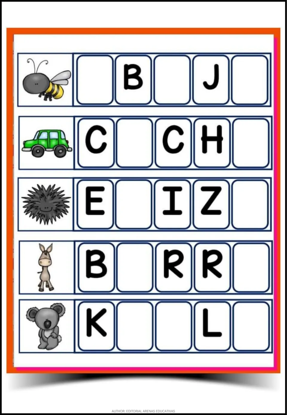 Spanish word-completion sheet 5: picture clues for abeja (bee), coche (car), erizo, burro and koala.