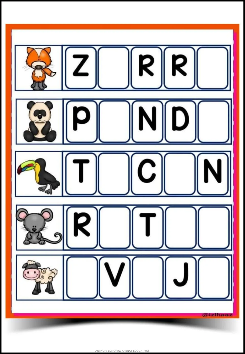 Spanish word-completion sheet 6: picture clues for zorro (fox), panda, tucán (toucan), ratón and oveja.