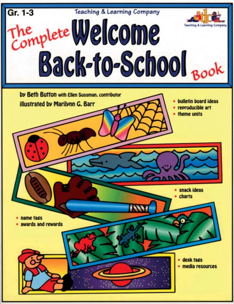 Gr. 1-3 back-to-school book cover listing bulletin board ideas, theme units, snack ideas, charts, name tags and desk tags