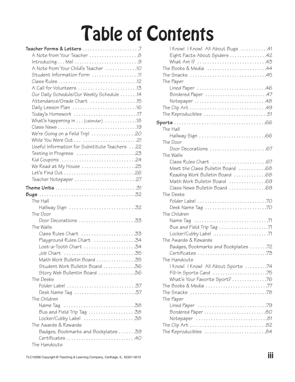Table of contents: teacher forms and letters, then Bugs and Sports theme units with door, wall, desk and handout pages