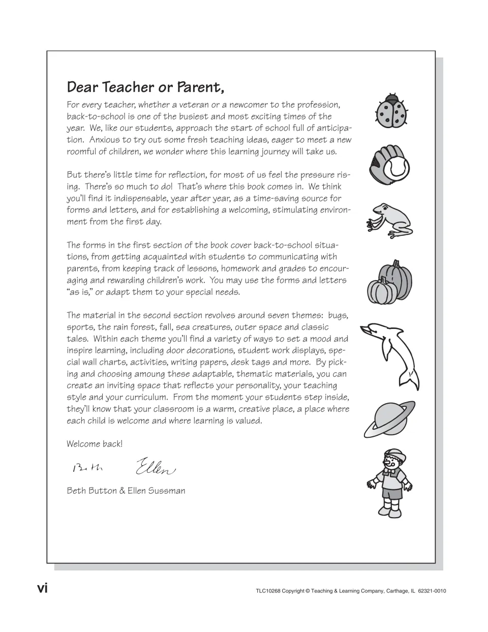 Letter to teachers and parents explaining the forms section and seven themes: bugs, sports, fall, space and more
