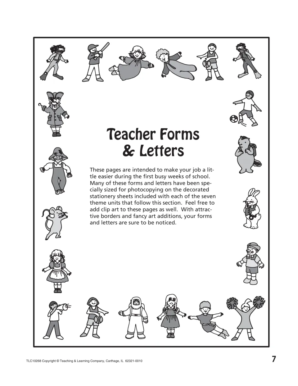 Teacher Forms & Letters section opener noting the forms are sized to photocopy onto the decorated stationery in each theme
