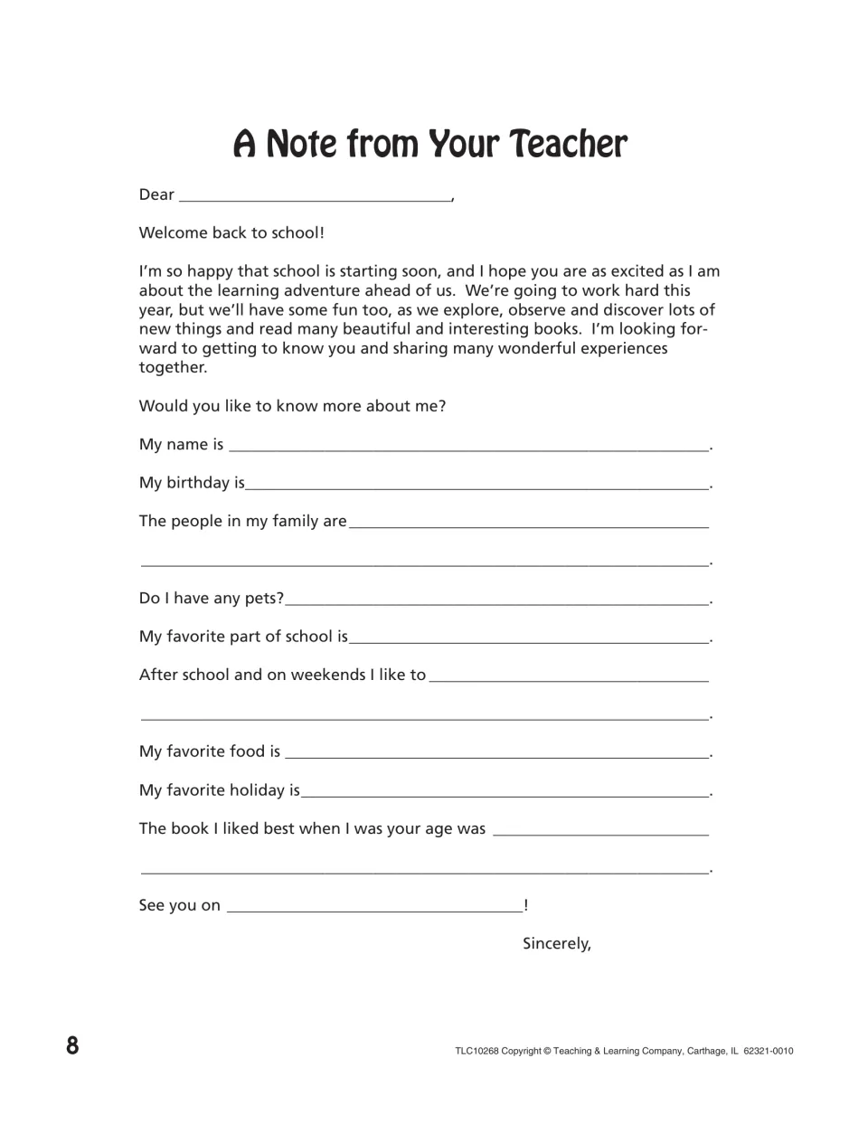 A Note from Your Teacher: welcome letter where the teacher fills in their name, birthday, family, pets and favorite book