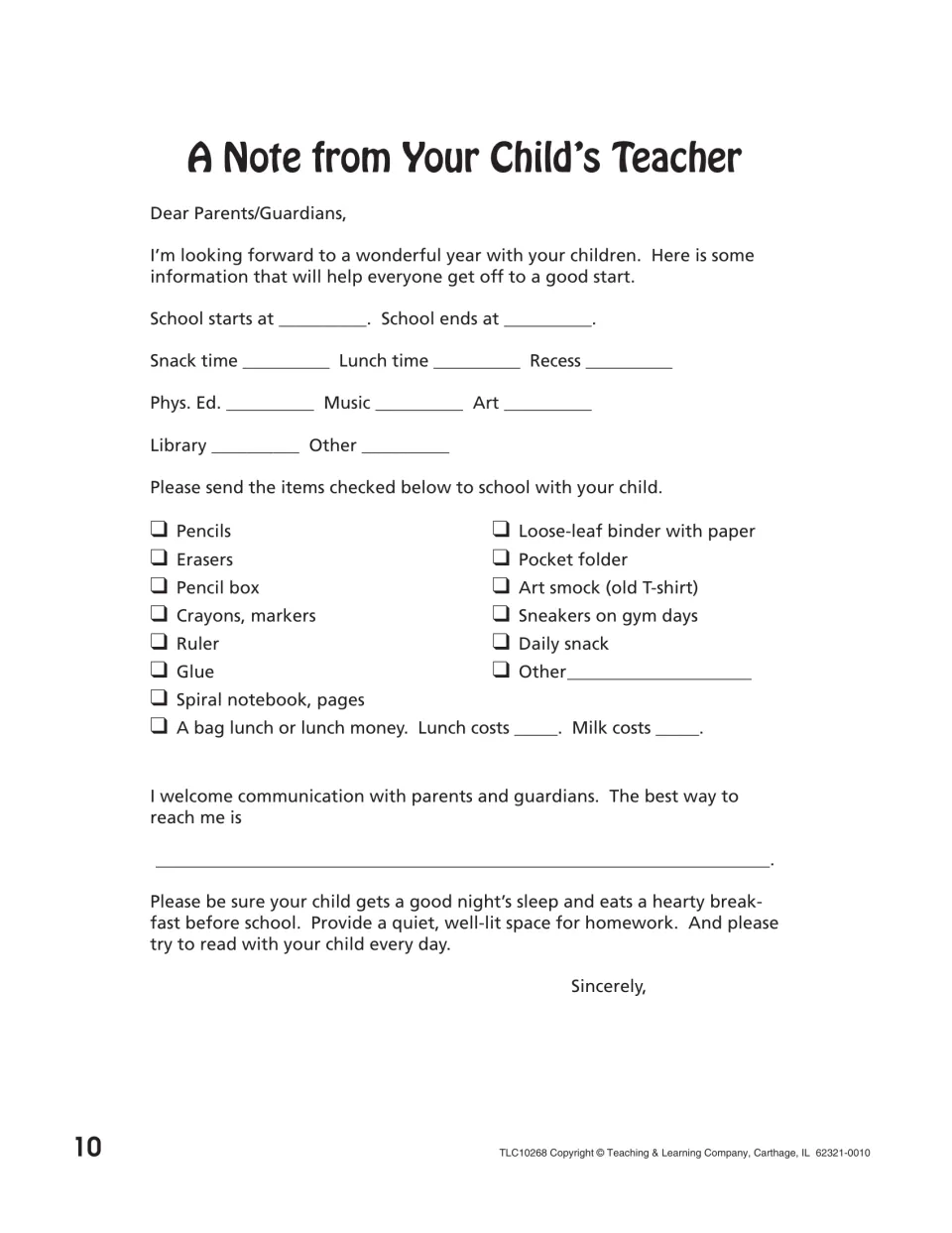 A Note from Your Child's Teacher: parent letter with schedule times, a supply checklist and contact details to fill in