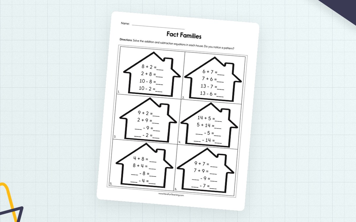 Six house-shaped groups of addition and subtraction equations with missing numbers.