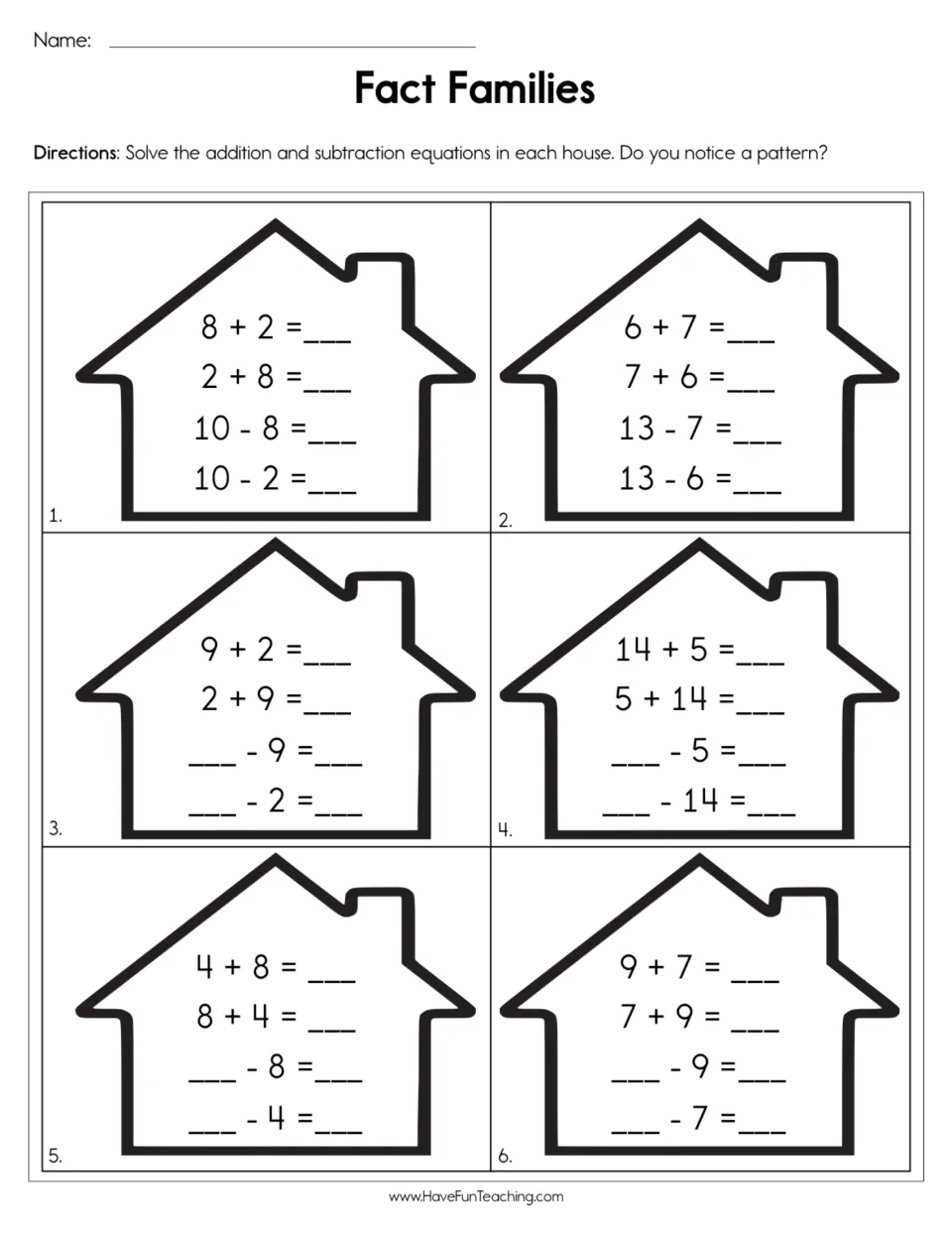 Fact families: students solve four related addition and subtraction facts in each of 6 houses, filling in missing numbers