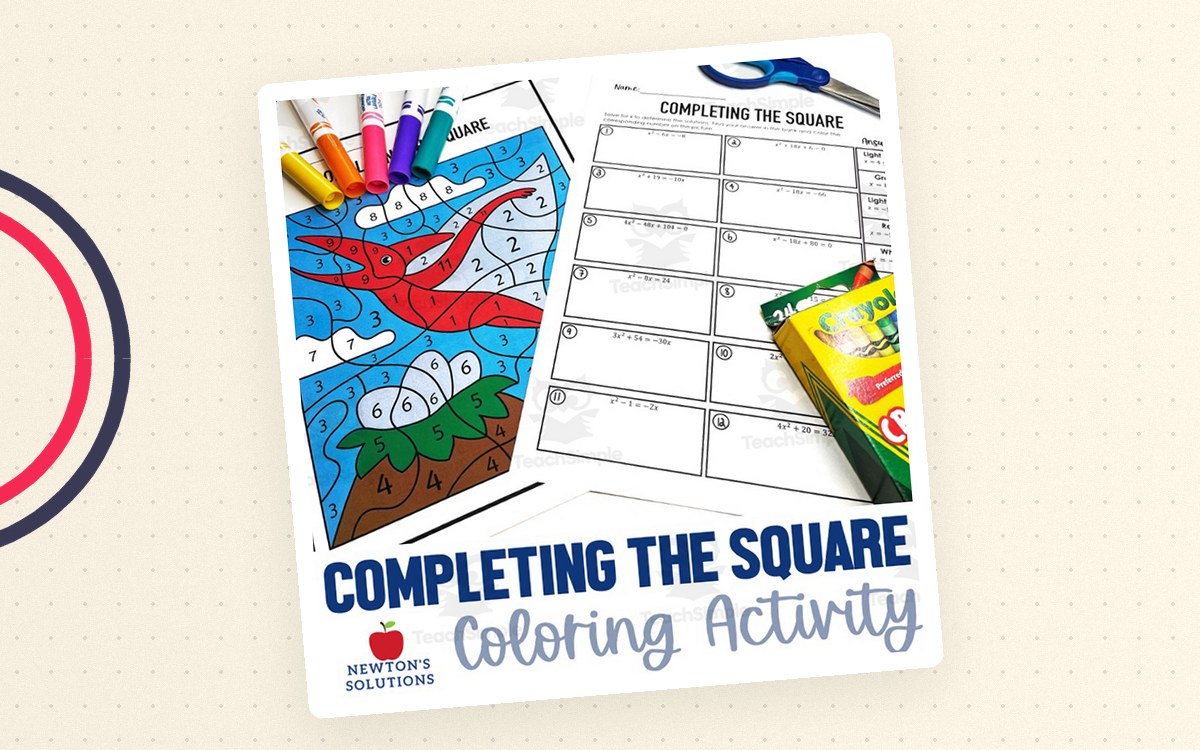 Completing the square color-by-number cover with a shark coloring page and a grid for recording quadratic solutions