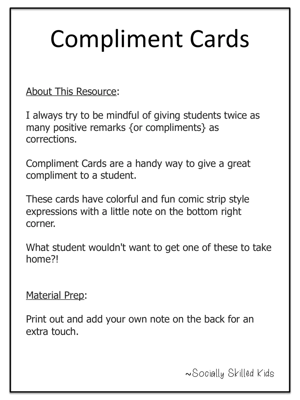 Compliment Cards title page: About This Resource notes on comic-style praise cards and prep to print and add a note
