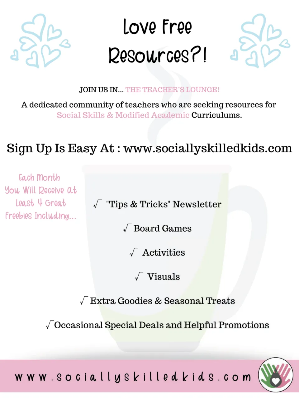 Love Free Resources?! flyer inviting teachers to join The Teacher's Lounge for monthly freebies and a newsletter