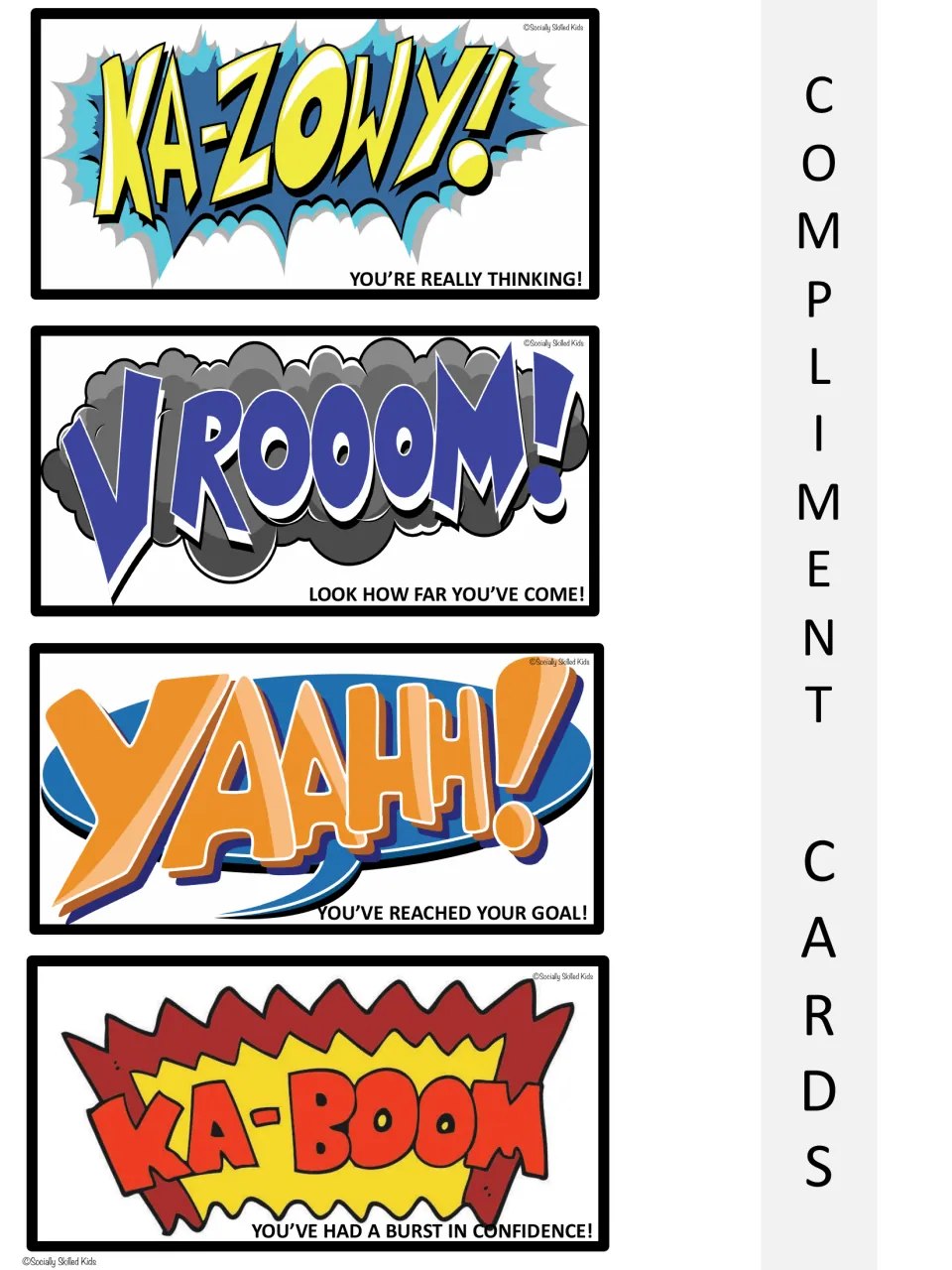 Comic praise cards Ka-Zowy, Vrooom, Yaahh and Ka-Boom with notes like You're really thinking and You've reached your goal