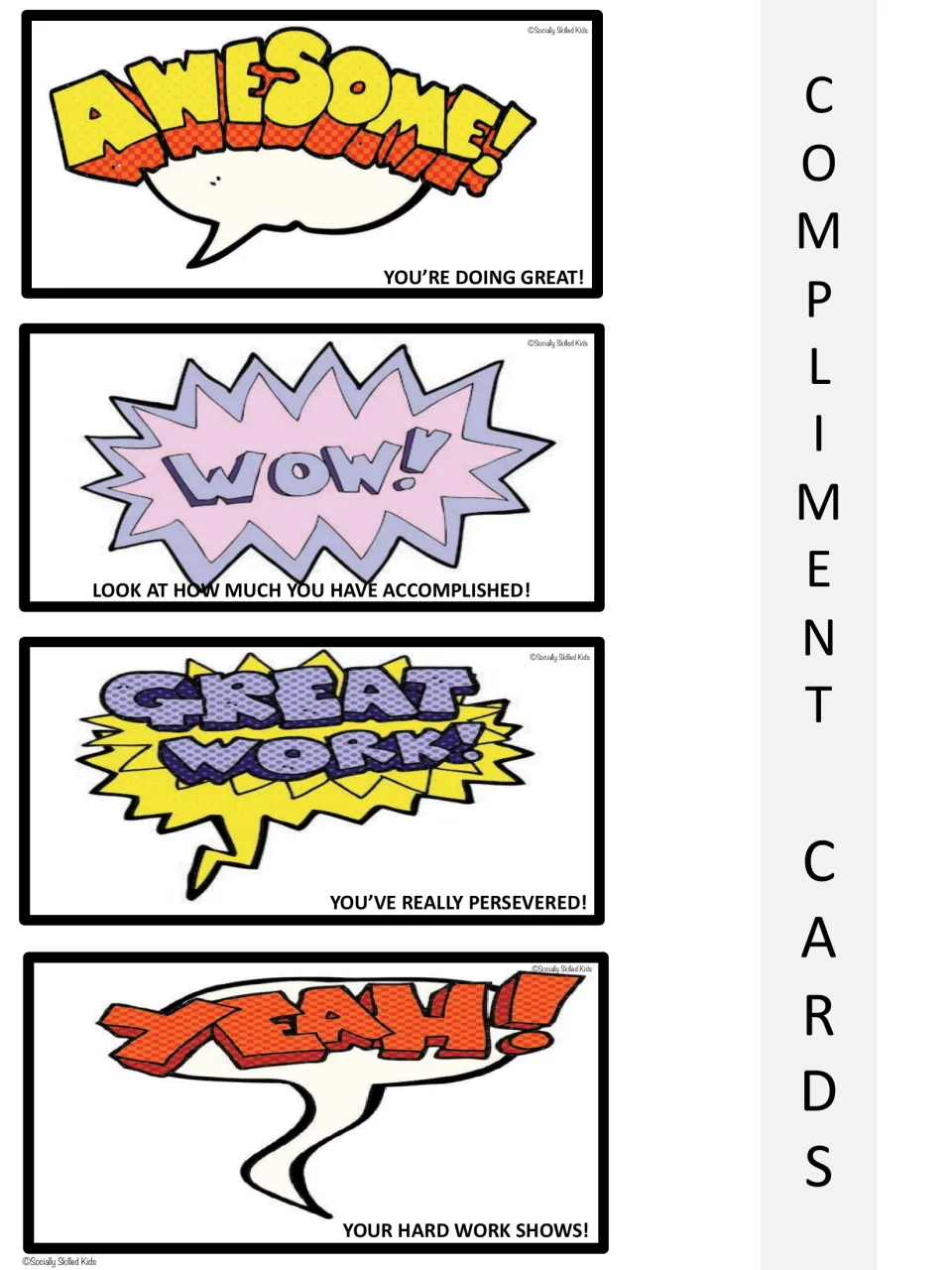 Speech-bubble praise cards Awesome, Wow, Great Work and Yeah with notes You've really persevered and Your hard work shows