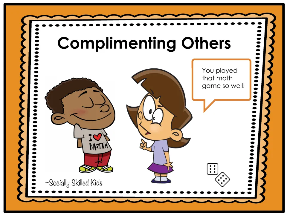 Social skills activity cover titled “Complimenting Others,” with the example “You played that math game so well!”