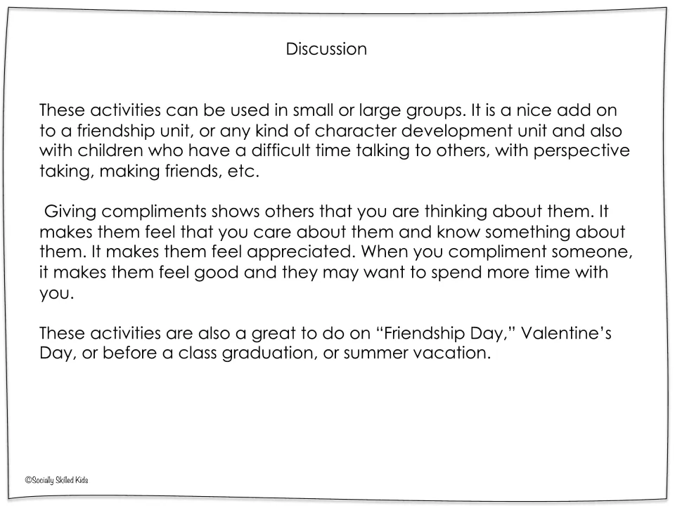 Discussion guide explains how compliments show care and appreciation, with small and large group uses.