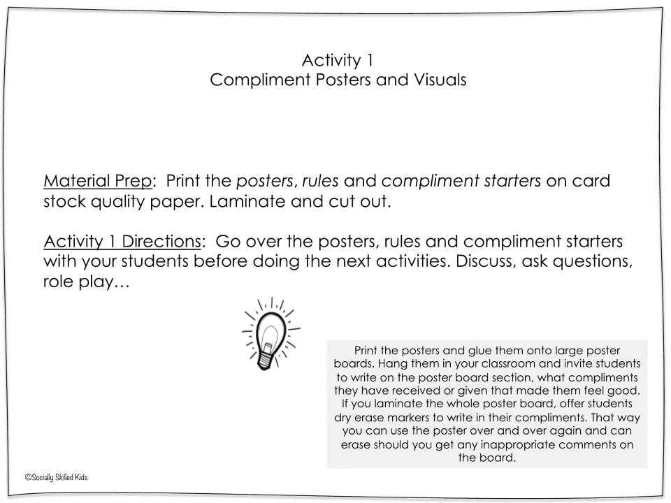Activity 1 directions explain preparing compliment posters and reviewing rules and starters through role play.