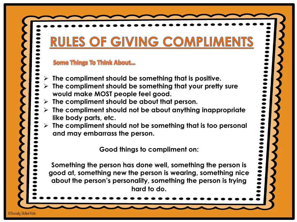 Compliment rules poster lists five guidelines and suggests praising skills, personality, effort, and achievements.