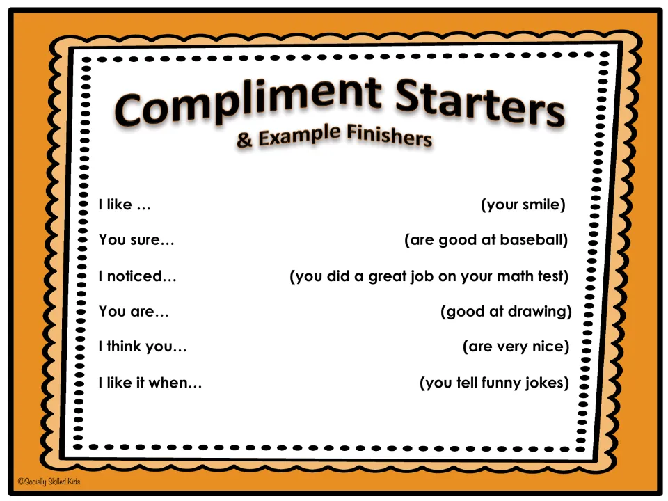 First compliment starter sheet pairs six prompts, including “I like,” “I noticed,” and “You are,” with examples.