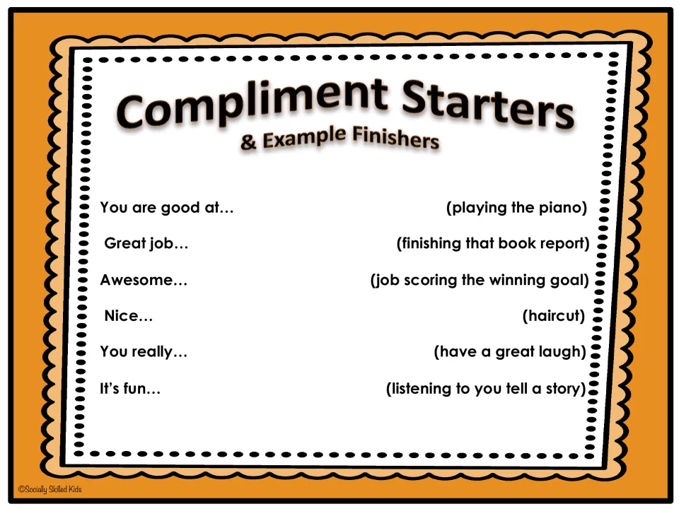 Second compliment starter sheet pairs six prompts, including “Great job,” “Awesome,” and “Nice,” with examples.