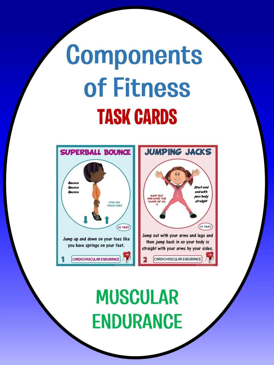 Muscular endurance task card cover featuring sample Superball Bounce and Jumping Jacks exercise cards