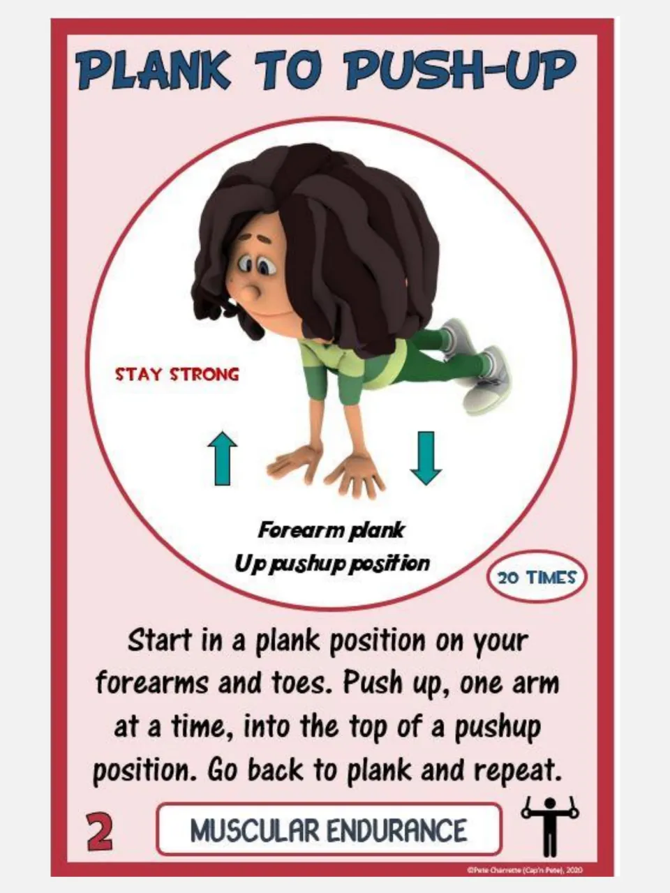 Muscular endurance card 2: Plank to Push-Up, moving from forearms to hands and back for 20 repetitions