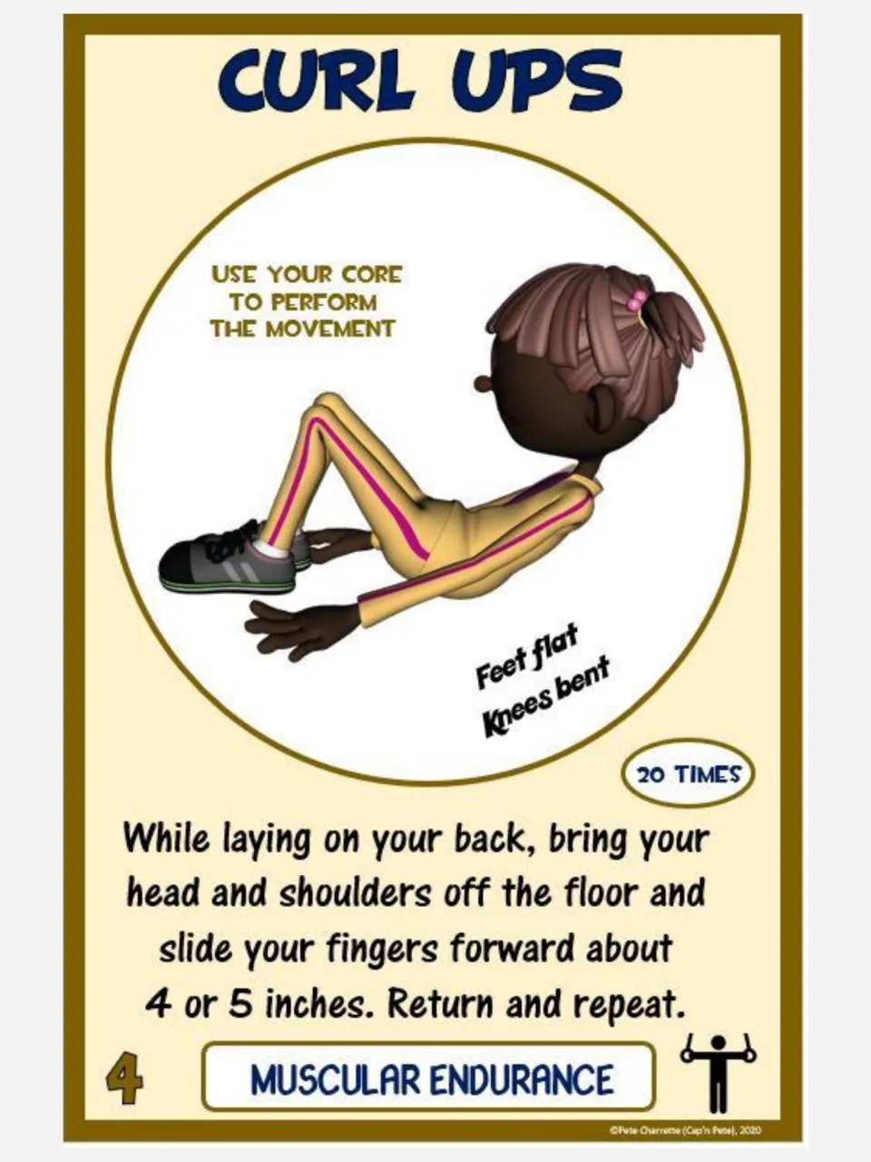 Muscular endurance card 4: Curl Ups, lifting the head and shoulders and sliding fingers forward 20 times