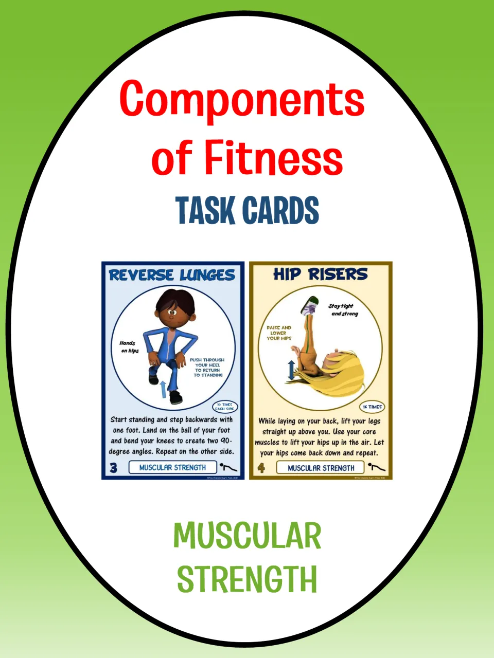 Muscular strength task card cover showing sample Reverse Lunges and Hip Risers cards with exercise directions