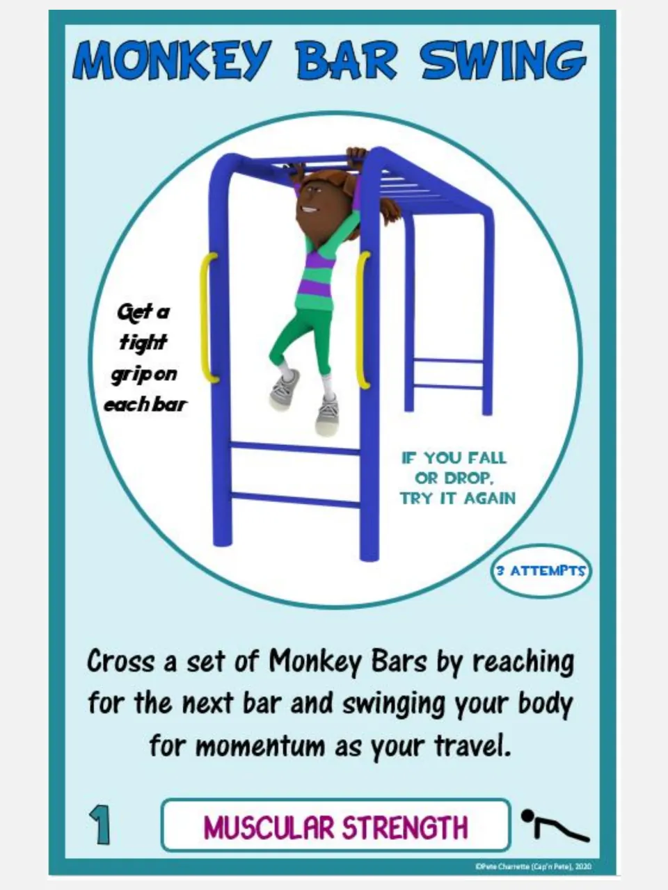 Muscular strength card 1: Monkey Bar Swing, with directions to cross the bars and complete three attempts